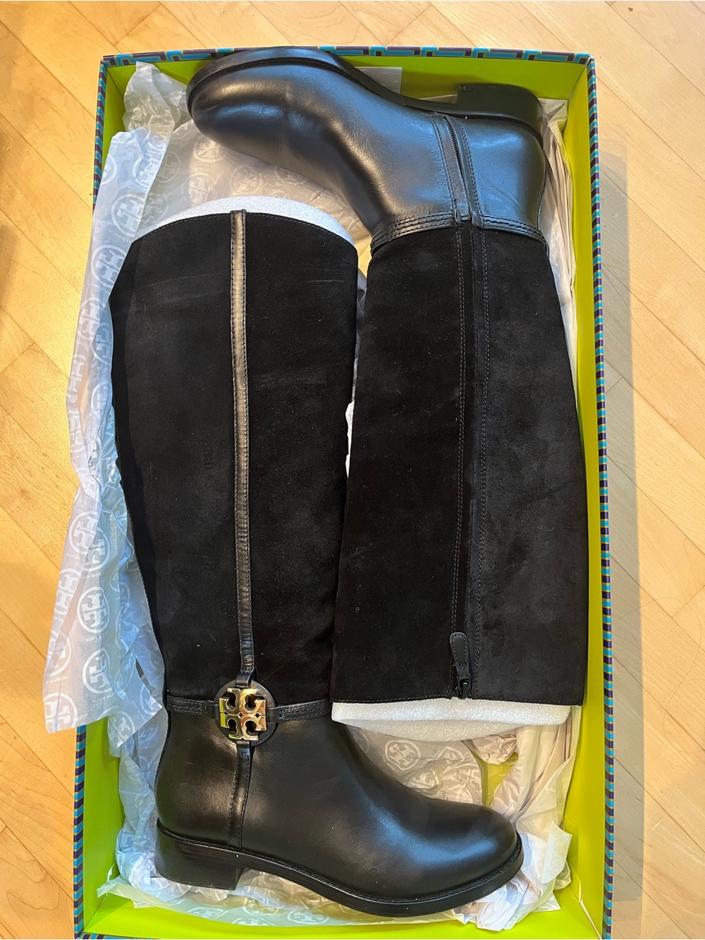 Tory Burch Black Leather & Suede Knee-High Boots with Logo Medallion Style 57752